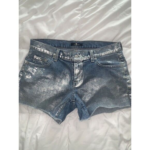 7 For All Mankind Carlie Silver Foil Metallic Cut Off Jean Shorts Sz 28 Rockstar - Picture 1 of 6